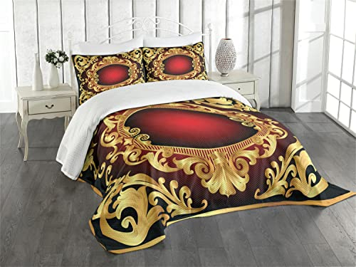 ABAKUHAUS Gelbes Damast Tagesdecke Set, Rahmen Barock, Set mit Kissenbezügen Waschbar, für Doppelbetten 220 x 220 cm, Gelb