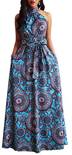 VERWIN Floor Length Lace-Up High Waist Stand Collar Sleeveless Women's Maxi Dress Print Dress