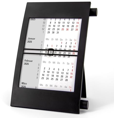 3-Monatskalender Tisch 2026 2027 - Büro & Homeoffice Tischkalender mit Drehmechanik - 2-Jahres-Kalender - schwarz/schwarz - Truento