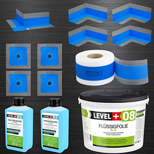 Dichtset 9,5 Kg Flüssigfolie, 4 Innenecken, 1 Außenecke, 4 Wandmanschetten, 15m Dichtband, Tiefengrund 2 L, Abdichtungsset Bandset Dusche Bad SET320