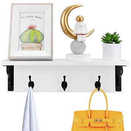 Eitida Etagère Murale en Bois Étagère Murale avec 3 Crochets Manteau, Rangement Flottant Utilisé Comme Porte-clés, Organisateur Décorative de Chapeau, Suspendu pour Couloir, Entrée_Blanc