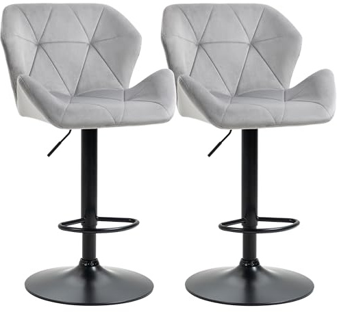 HOMCOM Bar Stools Set Of 2, Luxurious Velvet-Touch Barstools with Metal Frame Footrest Round Base Triangle Indenting Moulded Seat Adjustable Height Swivel Grey