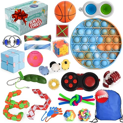 FrenchWay Fidget Toys Pack – Lot de Jouets Anti Stress pour Enfants et Adultes – Objets Satisfaisants pour Evacuer le Stress et Booster la Concentration – Pop It Balle Anti-Stress Main Collante Inclus