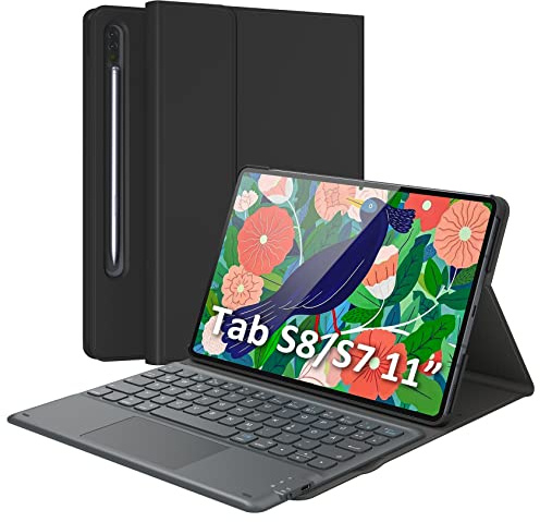 EARTO Samsung Galaxy Tab S7 tangentbord, smart pekplatta, S-pennhållare, ultratunn magnetisk Galaxy Tab S7 11 tum tangentbord, QWERTZ-tangentbord för Samsung Galaxy Tab S7 11 tum 2020 SM-T870/T875/T878, svart