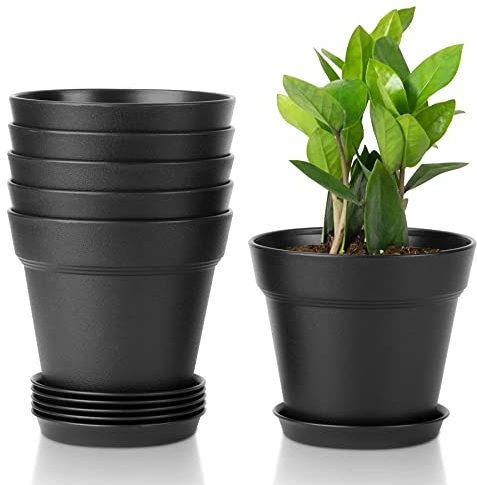 T4U 6Pcs Pot de Fleur Noir de 10 cm en Plastique, Pot de Terre avec Trou d'échappement Convient aux Jardins, Balcon Extérieurs Intérieurs