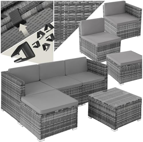 tectake® Rattan Garden Sofa Set, Solid Steel Frame, Modular Sofa with 3 Chairs 1 Stool and 1 Table with Removable Safety Glass, UV-Resistant PolyRattan, Water-Repellent Covers, Easy Setup - grey