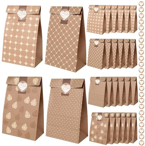 Romon, Pochette Cadeau de 24 pièces avec 24 Autocollants pour Sac Cadeau Noel, Sachet Papier Kraft, sacs à sandwich, Sac Cadeau Anniversaire, Sacs Cadeaux de mariage, etc.