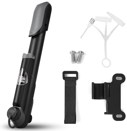Kleine Fahrradpumpe mit Manometer, Ballnadel und Adapter, Tragbar, Leicht, Kompakt mit Rahmenhalterung,Alle Ventile - Presta, Schrader. Dämpferpumpe für Rennrad, Mountainbike, BMX,Ballon Spielzeug