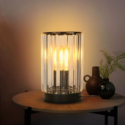 Mckalen Lamparas de Mesita E27 Moderno, Lámpara de Mesa Pantalla con Cristal Negra, Lampara de Noche con Interruptor y Cable para Dormitorio Sala de Estar Restaurante (Bombilla No Incluida)