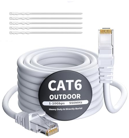 Mygatti Câble Ethernet CAT 6 - 15 m - Blanc - Pour l'extérieur et l'intérieur - Étanche - Pose directe - Câble réseau Gigabit - UTP, CCA - RJ45 - Pour caméra POE, routeur, modem, commutateur + 25