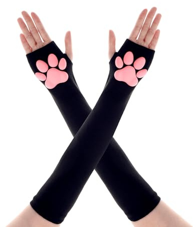 Telooco Langfingerige Katzenpaw-Mitzen mit 3D-Pink-Pad für Halloween-Cosplay
