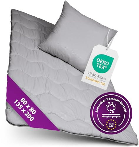 AddLiving Seerzucker 2in1 Bettenset grau | Steppbettdecke 135x200 & Kopfkissen 80x80 Set | Bettwaren & Bettwäsche | Waschbare Bettdecke & Schlafkissen | Atmungsaktiv & Pflegeleicht | Öko-Tex 100