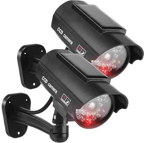 Sporgo Lot de 2 caméras factice d'extérieur : caméra de surveillance solaire factice avec lumière LED rouge clignotante, caméra de surveillance factice pour l'intérieur et l'extérieur (noir A)