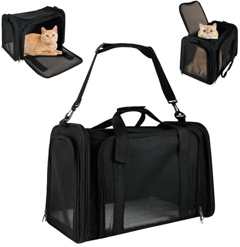 Transportín para Perro y Gato - 45x30x30cm Bolso Plegable y Transpirable para Mascotas de Pequeño Tamaño con Correa de Hombro y Cojín Suave, Capacidad Máxima 6KG (Negro)