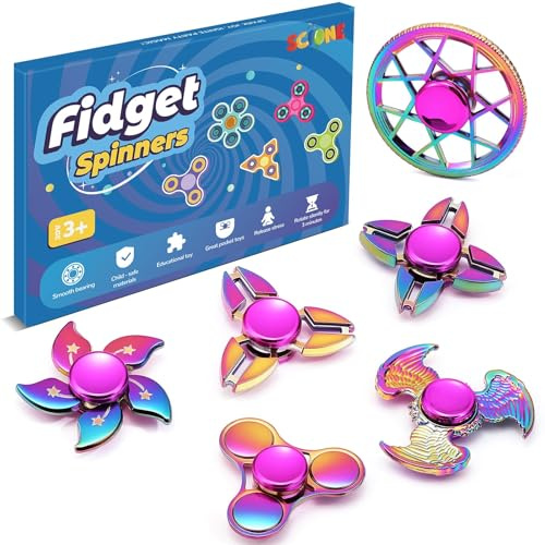 SCIONE Pack de 6 Fidget Spinners Metálicos - Juguetes Sensoriales Premium para TDAH y Alivio de Ansiedad | Juguetes Silenciosos para Concentración Niños & Adultos | Regalo Cumpleaños y Fiestas