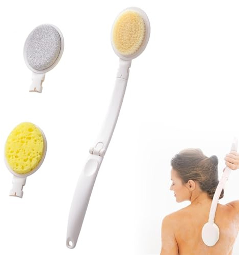 Spazzola per Schiena Doccia,3 in 1 Spazzola per Doccia con Lunga Maniglia,Testine Intercambiabili,Pieghevole,Usato per Esfoliare e Stimolare la Circolazione Sanguigna