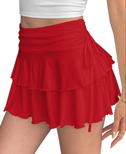 Adigau Mini Jupe pour Femmes Jupes Élégante Taille Élastique Jupe Plissée Sexy A-Ligne Taille Haute Jupes Courte Décontractée de Couleur Unie Rouge L