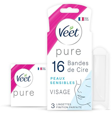VEET PURE - 16 Bandes de cire froide Visage - Peaux Sensibles - Recommandés par les Dermatologues - Epilation Longue Durée