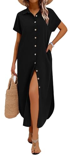 Zeagoo Women Shirts Summer Tunic Dresses Black Short Sleeve Side Slit Button Down Dress Beach Maxi T-Shirt Dress with Pockets