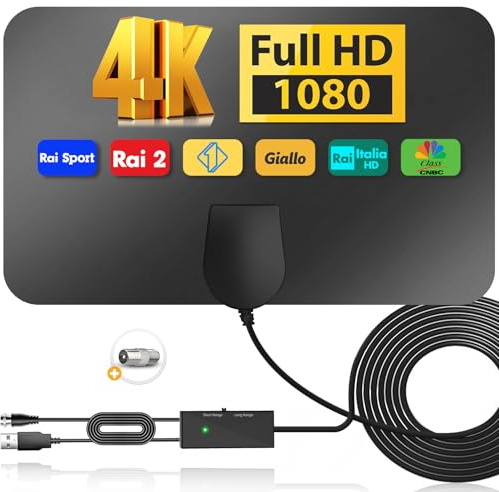 Antenna TV Interna Amplificata Potente - 2026 Antenna Digitale Terrestre per Smart TVs(Supporta DVB-T2), Antenne TV da Interno Con Base Magnetica e Cavo Coassiale da 5m