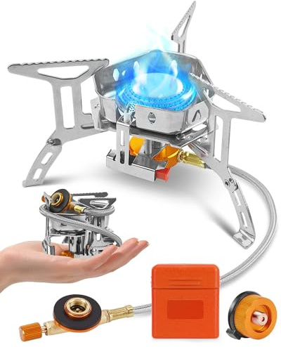 Portable Camping Gas Stove Burner, Windproof 3500W Camping Stove with Piezo Ignition, Complete with Adapters and Converters for BBQs, Cooking, Fishing, Hiking, and Picnics