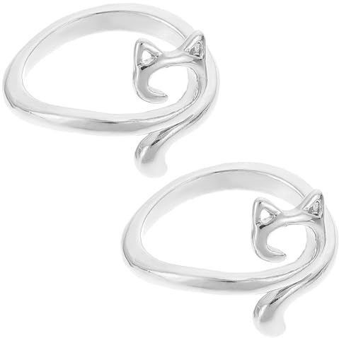 HEALSOPTHY Anillos para Tejer Guía de Hilo de Aleación, Diseño Geométrico Gato, Ajustables Abiertos, 2 Piezas Plateadas para Crochet y Manualidades