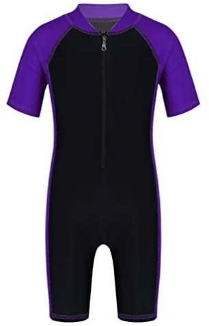 TiaoBug Mädchen Jungen Sport Badeanzug Schwimmanzug mit Reisverschluss Einteiler aus Kurzarm Bade Hemd Shirt und Kurze Hose Lila&Schwarz 158-164