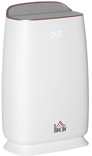 HOMCOM Purificador de Aire con Filtro HEPA de 3 Capas CADR 220 m³/h hasta 28 m² Purificador de Sobremesa con Pantalla LED 4 Velocidades Temporizador Modo Nocturna y Silencioso 30x17x53 cm Blanco