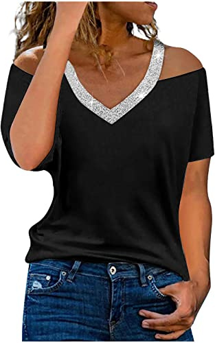 Jupe Jean Grossesse Femmes Summer V Cou de l'épaule Paillettes Couleur Solide Manches Courtes T Chemisier Top Blouse Haut Long Noir