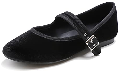 Feversole Women's Soft Cushion Extra Padded Mary Jane Scarpe Basse Classiche da Donna Décolleté Eleganti Mary Jane con Fibbia Morbida Scarpe da Ballo per Balletto per Donna Velvet Nero 36 EU