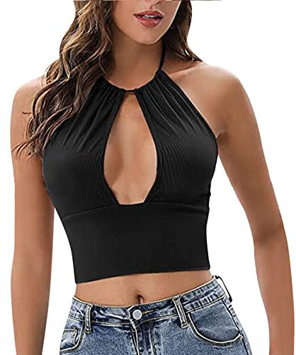 KOEMCY Canotte Donna Estive Tank Top Halter Canotta Maglietta Crop Elegante Cotone Abbigliamento Estivo T Shirt Magliette Senza Maniche Collo Alto Canottiera Casual Moda