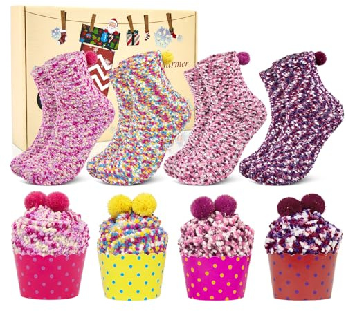 YSense Snug Gosiga strumpor dam, cupcake, fluffiga strumpor, vinterstrumpor, gosiga strumpor, hemmastrumpor, varma sängstrumpor, korallfleece, plyschstrumpor, presenter, strumpor, tomtepresenter för kvinnor, 3 par, 5 färger, One Size