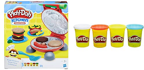 Play-Doh Hasbro B5521EU60 Burger Party, inklusive Knetpresse für Burger und 5 Dosen Knete, für Kinder ab 3 Jahren & B6508ES0 Hasbro B6508EL2-4er Pack Grundfarben Knete, blau, gelb, rot, weiß