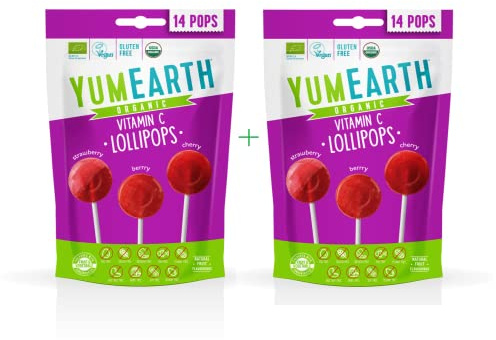 Yumearth sucettes bio aux fruits avec vitamine C Lot de 14 sachets de fraise, cerise et fruits rouges) Yumearth sucettes bio aux fruits avec vitamine C