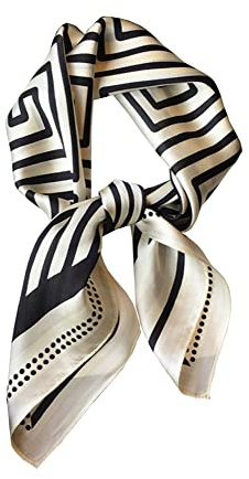 JERLA 100% Pure Mulberry Silk Square Scarf for Hair-27''x27'' Women Men Natural Silk Neckerchief Headscarf (White and black geometry stripe)