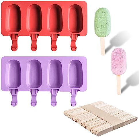 2 pezzi stampi per gelato, 50 pezzi bastoncini di legno, set di stampi per gelato in silicone, stampi per ghiaccioli ovali a 4 cavità, gelatiera fai-da-te (rosso, viola)