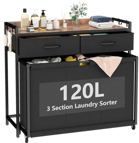 STIKELY Laundry Hamper Laundry Basket with 3 Section Pull-Out Rolling Bags, Laundry Sorter for Organization and Storage with 2 Pull-Out Drawers for Laundry Room, Bathroom, Bedroom Use (Rustic Brown)