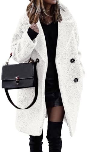 ORANDESIGNE Donna Cappotto Inverno Cappotti in Pile Sherpa Teddy Giacca Caldo Giubbotto Giacche Pelliccia Oversized Cappotto Autunno Elegante A Bianco M