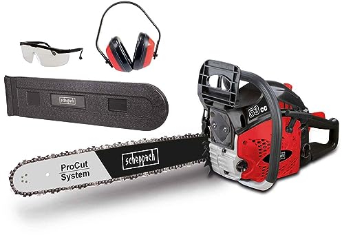 Scheppach Benzin Kettensäge BKS5300S Motorsäge | 18 ProCut Qualitäts-Schwert und -Kette | 44cmØ Schnittstärke | 2-Takt-Motor mit 2,7PS Leistung | inkl. Gehörschutz, Schutzbrille - & Hülle, Werkzeug