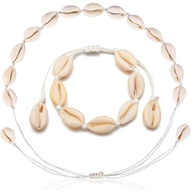 KAPSING Juego de pulseras de collar de conchas de 2 piezas, 1 pieza de gargantilla de conchas y 1 pieza de pulsera de conchas, para niñas, mujeres, conchas