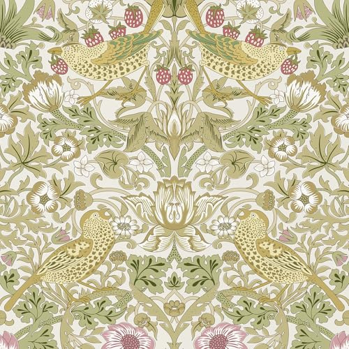 HueBurst William Morris Style Vintage Peel and Stick Wallpaper 17.7 x 118in Strawberry/Bird Botanical Self Adhesive Removable Waterproof Contact Paper for Living Room Bedroom Cabinets Drawers Decor