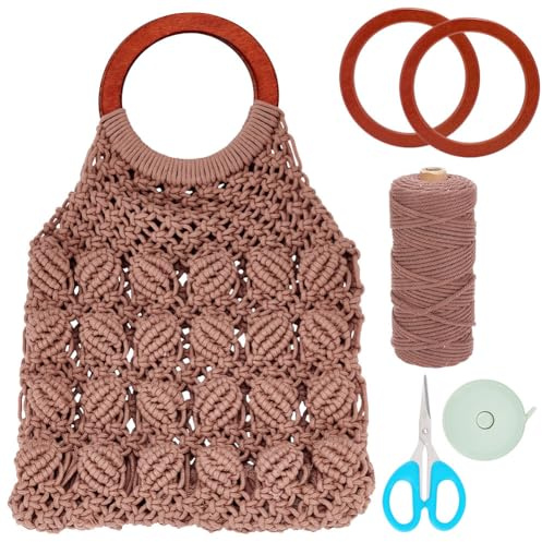 INFUNLY Set di borse macramè fai da te, per adulti, principianti, in macramè, realizzato a mano, con manico in legno, cordoncino in cotone