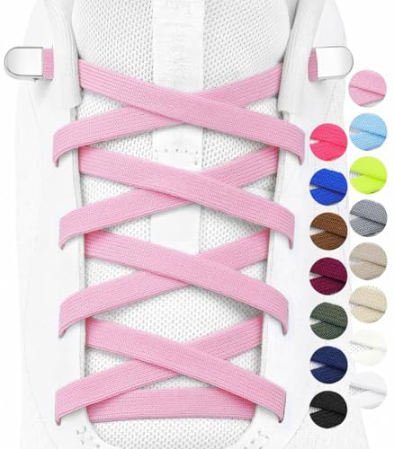 Stepace 2 Pares Cordones Elásticos sin Atar Planos de 6mm, Cordones de Zapatos Ajustables con Cierre de Metal para Niños, Adultos, Sneakers, Running y Triatlón Rosa 120