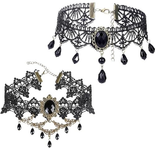 LYQNIHOB 2 Stücke Schwarze Gothic-Spitze Halsbänder, Punk-Spitze Halskette, Damen Gothic Lolita Spitze Halsreif Kragen für Halloween Cosplay, geeignet für Damen und Mädchen Cosplay-Partys
