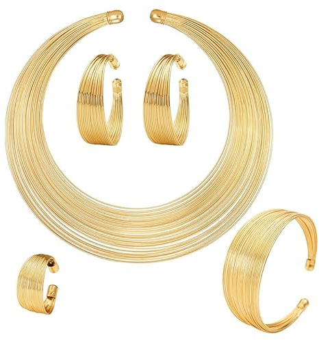 BSLVWG Parure de bijoux 5 pièces pour femme - Collier plastron national africain - Bracelet manchette ouvert - Ensemble de bijoux fantaisie épais - Boucles d'oreilles créoles - Bagues - Collier ras du