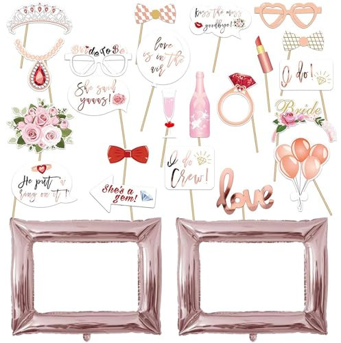 25 pcs Hen Party Photo Booth Props, Team Bride Paper Selfie Props with Photo Frame,Rose Gold Selfie Accessories for Wedding Engagement Bridal Shower Bachelorette Hen Do Party Games