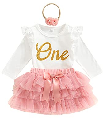 Qianderer Baby Girls My 1st Birthday Outfits Fly Sleeve Lace Romper Romper + Tutu Skirt + Headband Set (Ba Pink Long Sleeve, 6-12 Months)