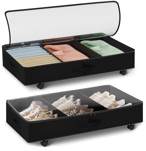 Warmiehomy Under Bed Storage on Wheels 2 Pack Underbed Storage Boxes with Lids and Adjustable Dividers, 44L Under Bed Shoe Organiser with Sturdy Oxford Bottom Support for Clothes Duvet Bedding Shoes