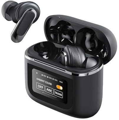 Soundswealth Bluetooth 5.4 trådlösa hörlurar med aktiv brusreducering ANC - 24 timmars batteritid, snabbladdning, 10 mm HD-ljud, kompakt svart/beige design, inbyggd mikrofon, stabil anslutning