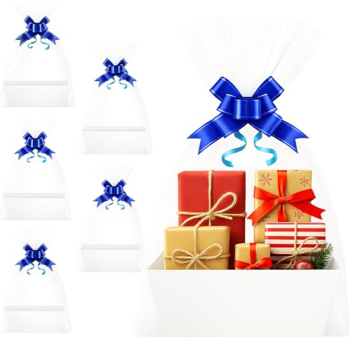 Cesta de regalo con asa, cesta vacía para regalos, cesta de regalo de papel kraft con 5 envoltorios retráctiles y lazos, para bodas, cumpleaños, Navidad, San Valentín. Blanca.